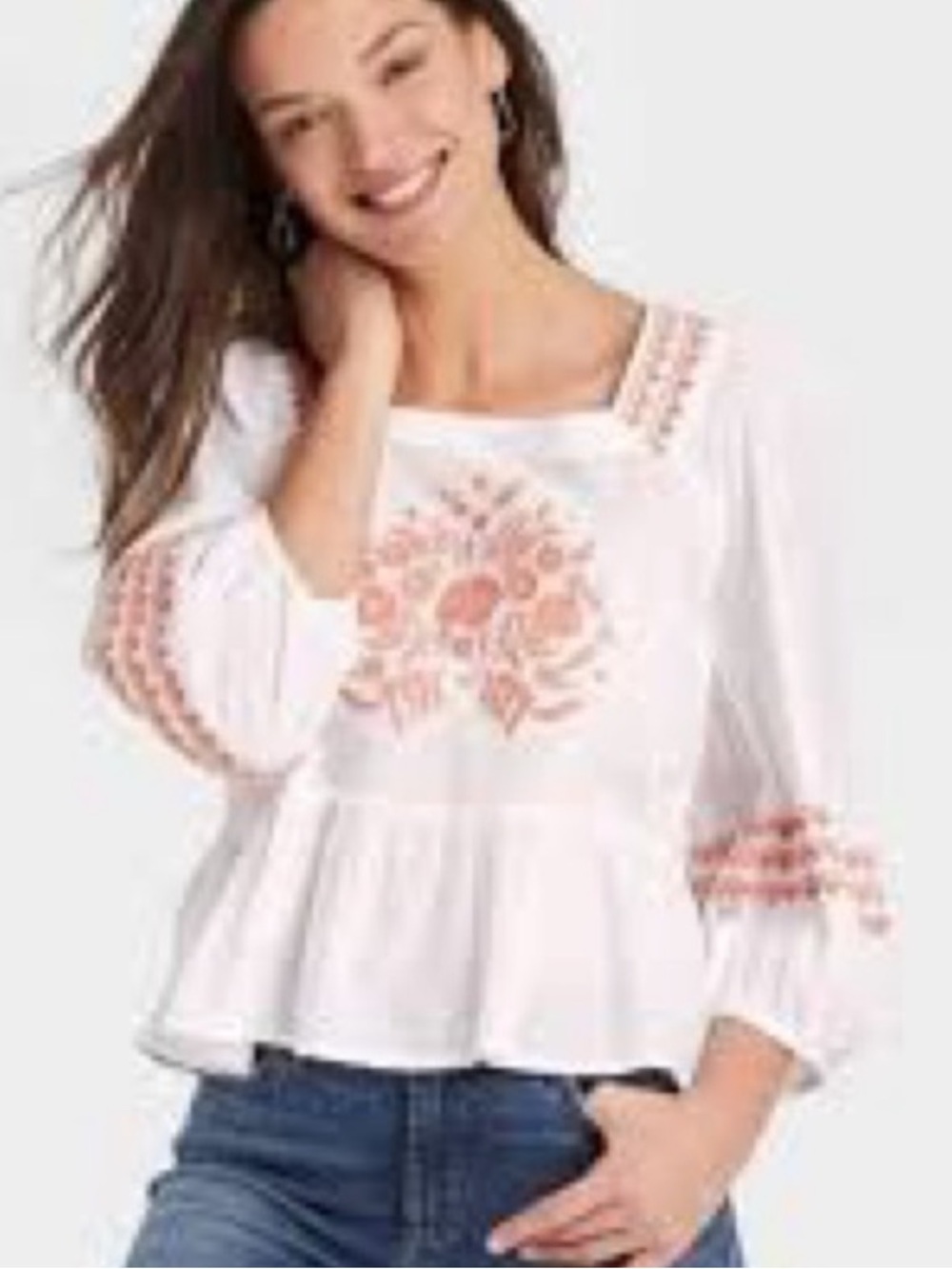 Universal Thread White Peplum Blouse with Coral Embroidery